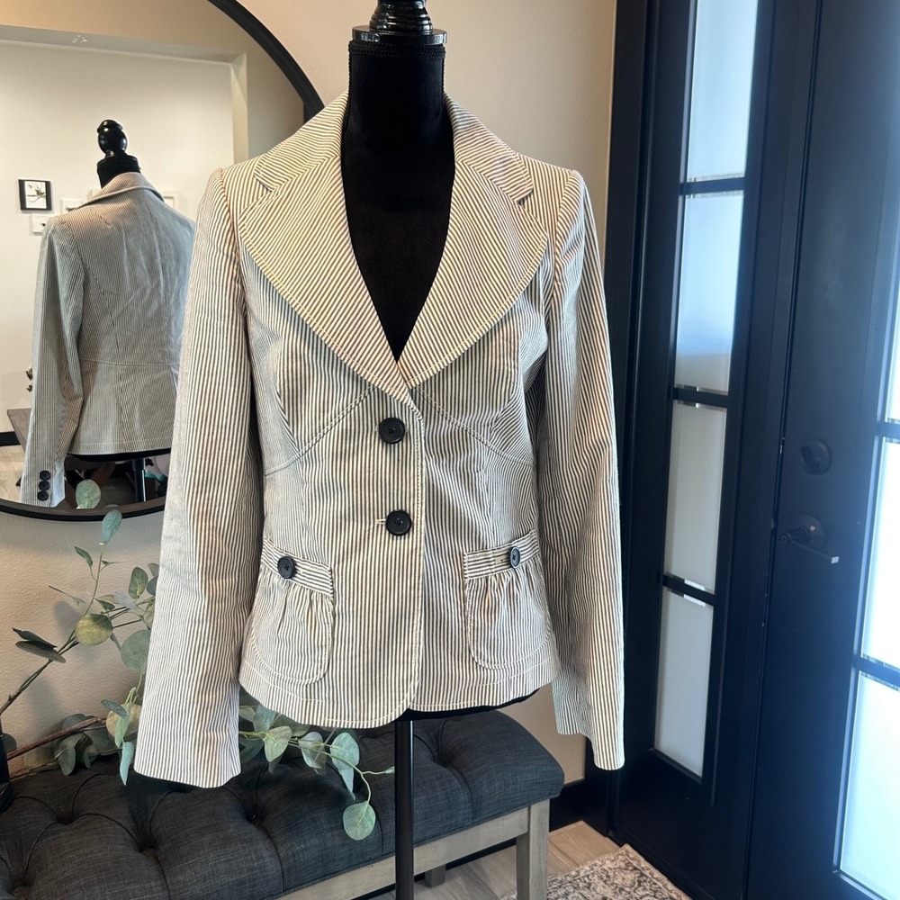 Banana Republic Women Blue White Stripe Cotton Linen Blazer Jacket 10 354346-01
